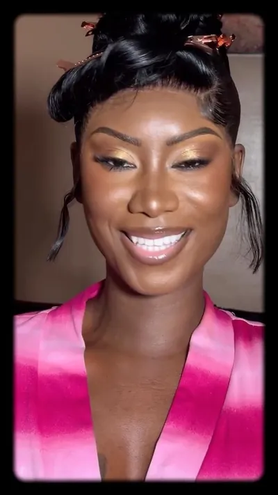 Full glam makeup with a pink top, Queens makeup artist