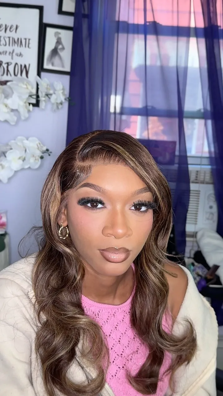 Brown wavy lace wig install with soft glam